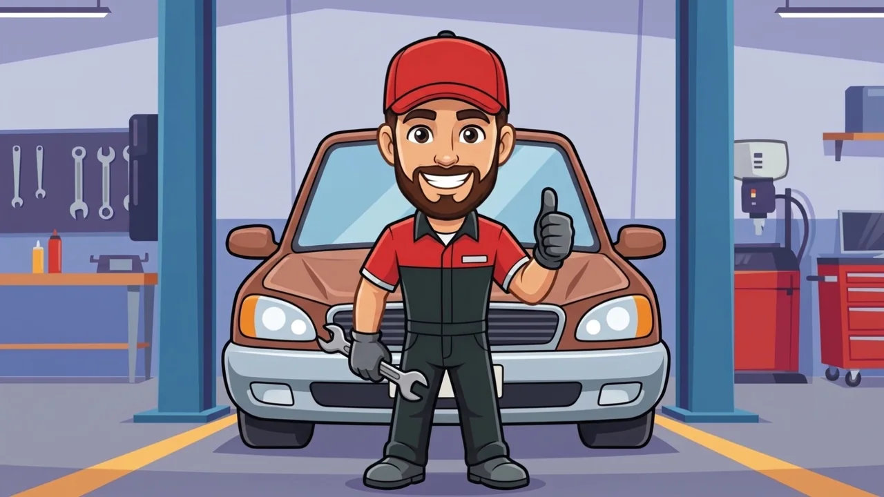 The Affordable Automotive cartoon mechanic giving a thumbs up in front of a repaired car